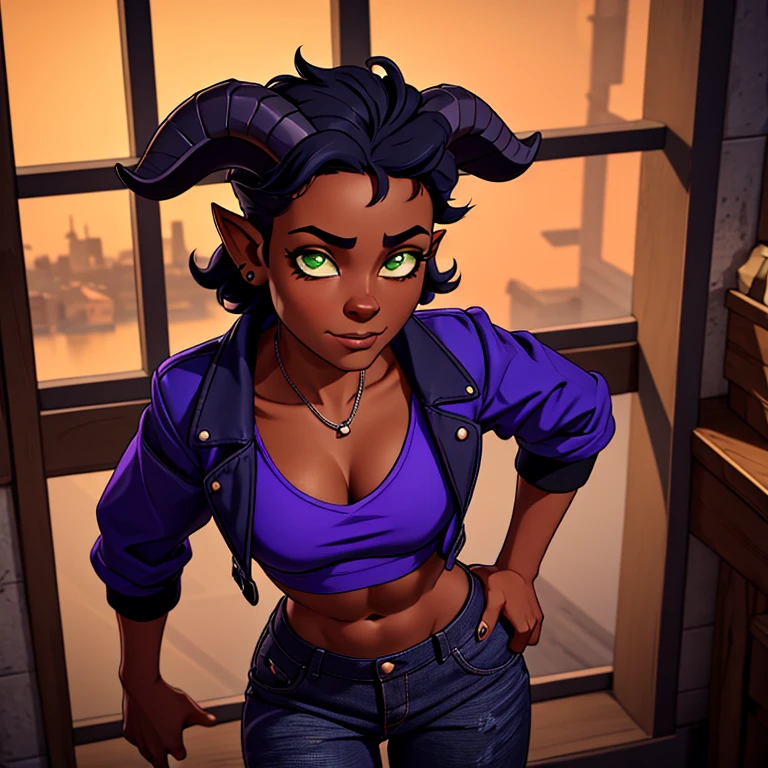 (Masterpiece) (High Detail) (High Res) (Black Skin) Looking from above A young beautiful humanoid FutEred, dark skin, soft detailed face, detailed green eyes, short scruffy black hair, goat ears, short symmetrical black goat horns, looking smug at the camera, toned body, small to average breasts, dressed like a punk wearing a purple jacket, a cropped tank top showing off her abs, black jean pants