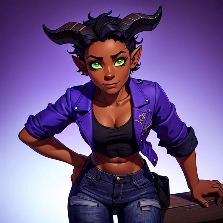 (Masterpiece) (High Detail) (High Res) (Black Skin) Looking from above A young beautiful humanoid FutEred, dark skin, soft detailed face, detailed green eyes, short scruffy black hair, goat ears, short symmetrical black goat horns, looking smug at the camera, toned body, small to average breasts, dressed like a punk wearing a purple jacket, a cropped tank top showing off her abs, black jean pants