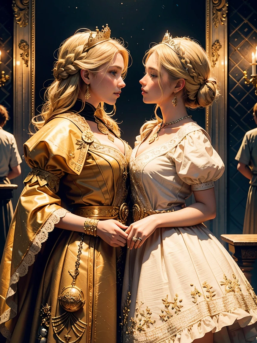 Gorgeous court costumes, blonde hair, french braid, crown, mole under eye, light smile, Renaissance, ray tracing, Sony FE GM, masterpiece, UHD, anatomically correct, textured skin, perfect anatomy, two girls are deeply in love with each other, kiss