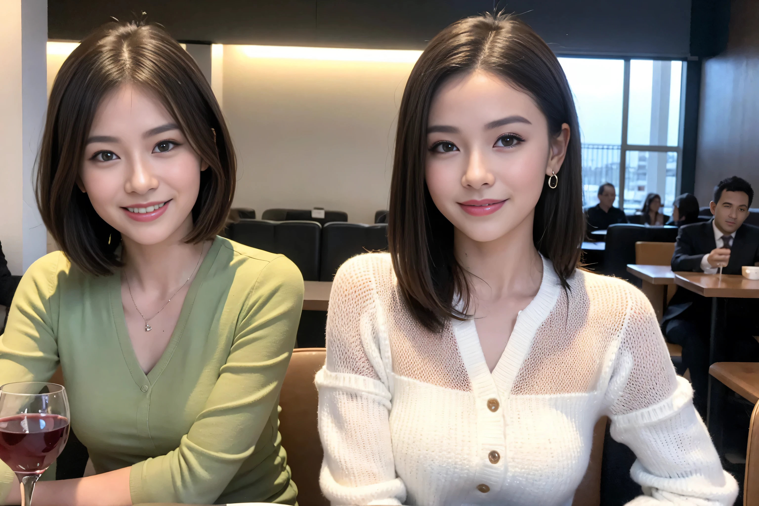 ((Highest quality、8k、masterpiece:1.3))、cute、Slim couple、Model Couple、Actress、(Realistic, Intricate details:1.2), full-course dinner、Wine 、Amazing view of the sunset sky and clouds、A bright smile、short hair,Bright Face、 (45 years old), 48 years old, 赤Wine 、Appetizers、Italian food、Wine bottle、Champagne、スパークリングWine、Two beauties、Brown Hair、Shortcuts、Long sleeve shirt、dress、Beautiful woman 1, (Slim face), (The body is slim), (Brown Hair), (Shortcuts), cheeks turn a little red,Attractive beauty、restaurant, In a prominent place (From the waist up) Nova Frog Style, actress, model, Upper Body, 白Wine, slim, Wineグラス, 中央に置かれたWineグラス, smile, (smile: 1.15), Beautiful fine grain, Depth f/2,saturation, High Contrast, Strong light and shadow,Moist Body:1.5、3D texture、Delicate eyes、Brown Hair、The hair is very shiny、