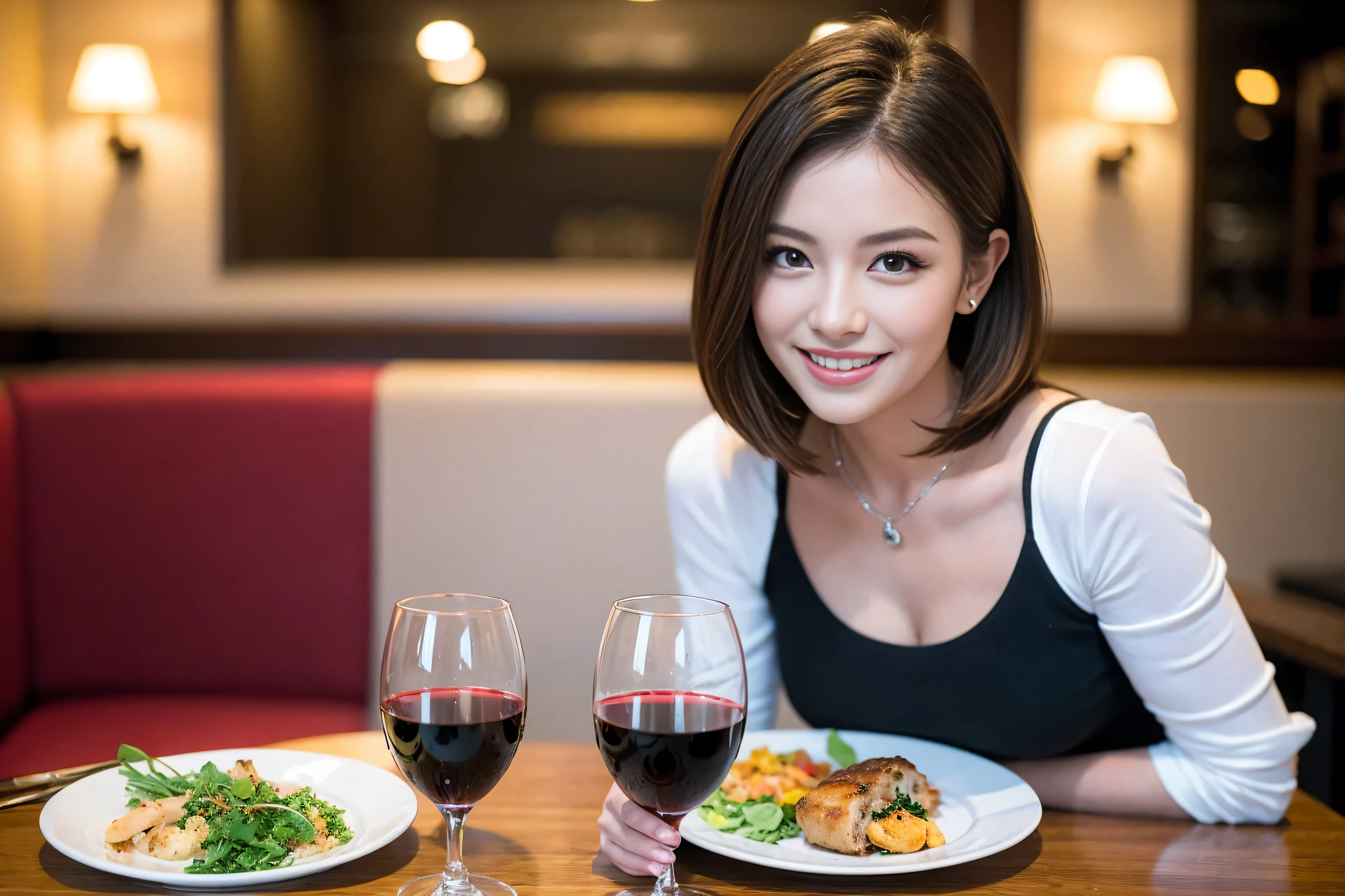 ((Highest quality、8k、masterpiece:1.3))、cute、Slim couple、Model Couple、Actress、(Realistic, Intricate details:1.2), full-course dinner、Wine 、Amazing view of the sunset sky and clouds、A bright smile、short hair,Bright Face、 (45 years old), 48 years old, 赤Wine 、Appetizers、Italian food、Wine bottle、Champagne、スパークリングWine、Two beauties、Brown Hair、Shortcuts、Long sleeve shirt、dress、Beautiful woman 1, (Slim face), (The body is slim), (Brown Hair), (Shortcuts), cheeks turn a little red,Attractive beauty、restaurant, In a prominent place (From the waist up) Nova Frog Style, actress, model, Upper Body, 白Wine, slim, Wineグラス, 中央に置かれたWineグラス, smile, (smile: 1.15), Beautiful fine grain, Depth f/2,saturation, High Contrast, Strong light and shadow,Moist Body:1.5、3D texture、Delicate eyes、Brown Hair、The hair is very shiny、