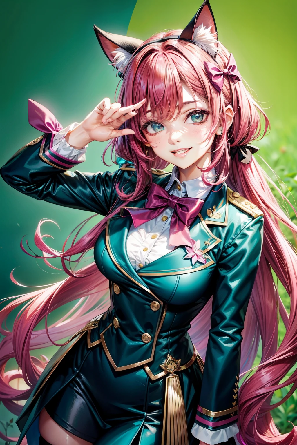 Magenta hair, hazel eyes, older woman, hair bows, cat ears, long hair, smiling face, sexy uniform outfit, teal and gold clothes,plants background