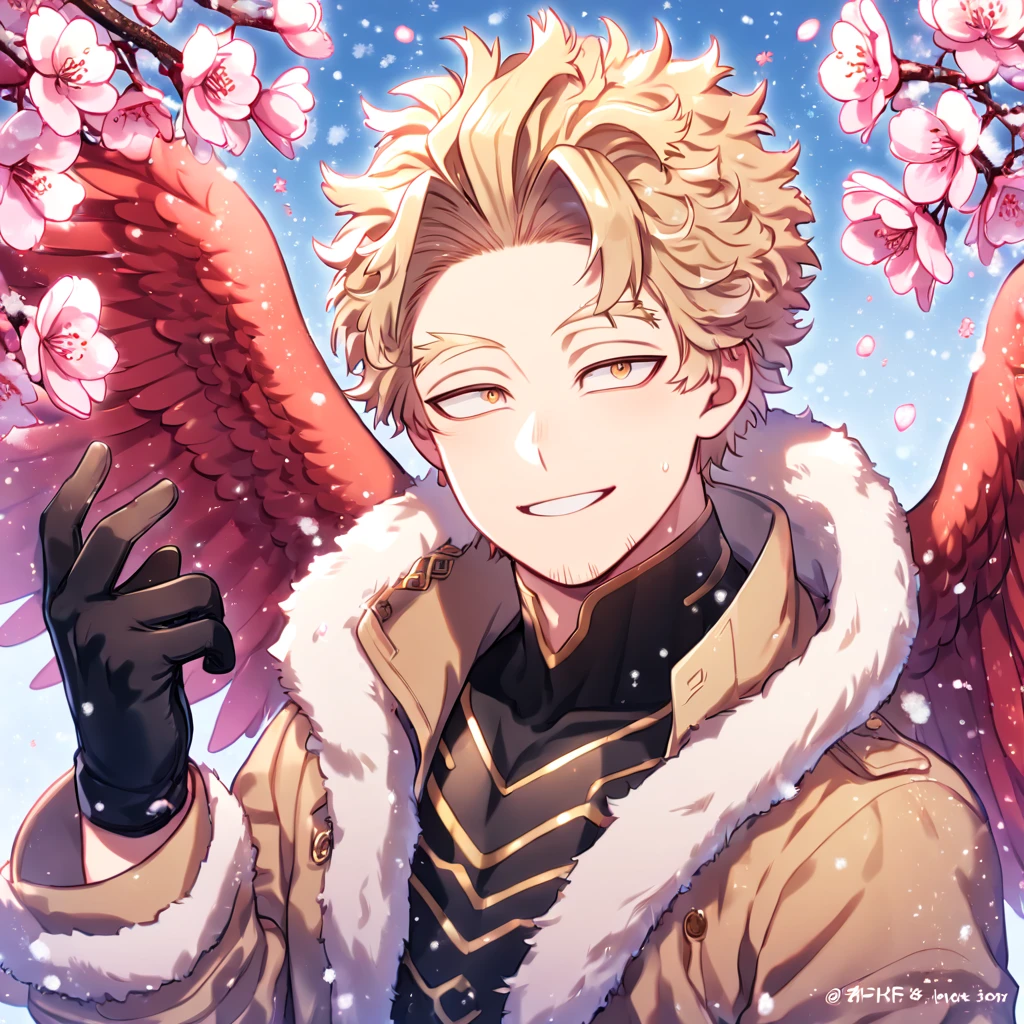 Ultra detailed, HDR, Highres, absurdres, master piece, Hawks, ash blonde hair, expressive golden-brown eyes, faint stubble, red wings, brown coat with fur, black tight shirt, black gloves, Boku No Hero Academia, sexy man, handsome, cherry, flowers, blossoms, fantasy, magical, pink leaves, snowing, handsome, sensual, best quality, glittering, solo, handsome smile,