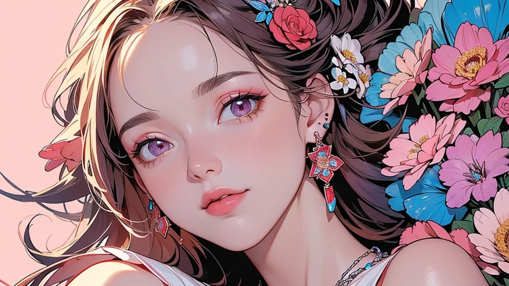 32K, 最高quality, 最高masterpiece, (ultra-Detailed Background, Detailed Background), High resolution, Super detailed, Very detailedな, One girl, (bouquet:1.3), (Tangled:1.2), (Geometric:1.2),(colorful),(masterpiece, quality, best quality, Official Art, Beautiful and beautiful:1.2), (1 girl:1.3), Very detailed,(colorful:1.1)(Flowers:1.3),Most detailed,(Tangled:1.2), whole body, (Abstract background:1.3), (Skin glows), (Many colors:1.4), ,(Earrings Jewelry:1.5), Pale Red Background,