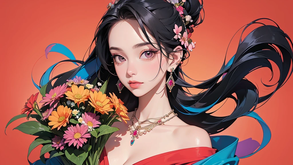 32K, 最高quality, 最高masterpiece, (ultra-Detailed Background, Detailed Background), High resolution, Super detailed, Very detailedな, One girl, (bouquet:1.3), (Tangled:1.2), (Geometric:1.2),(colorful),(masterpiece, quality, best quality, Official Art, Beautiful and beautiful:1.2), (1 girl:1.3), Very detailed,(colorful:1.1)(Flowers:1.3),Most detailed,(Tangled:1.2), whole body, (Abstract background:1.3), (Skin glows), (Many colors:1.4), ,(Earrings Jewelry:1.5), Pale Red Background,