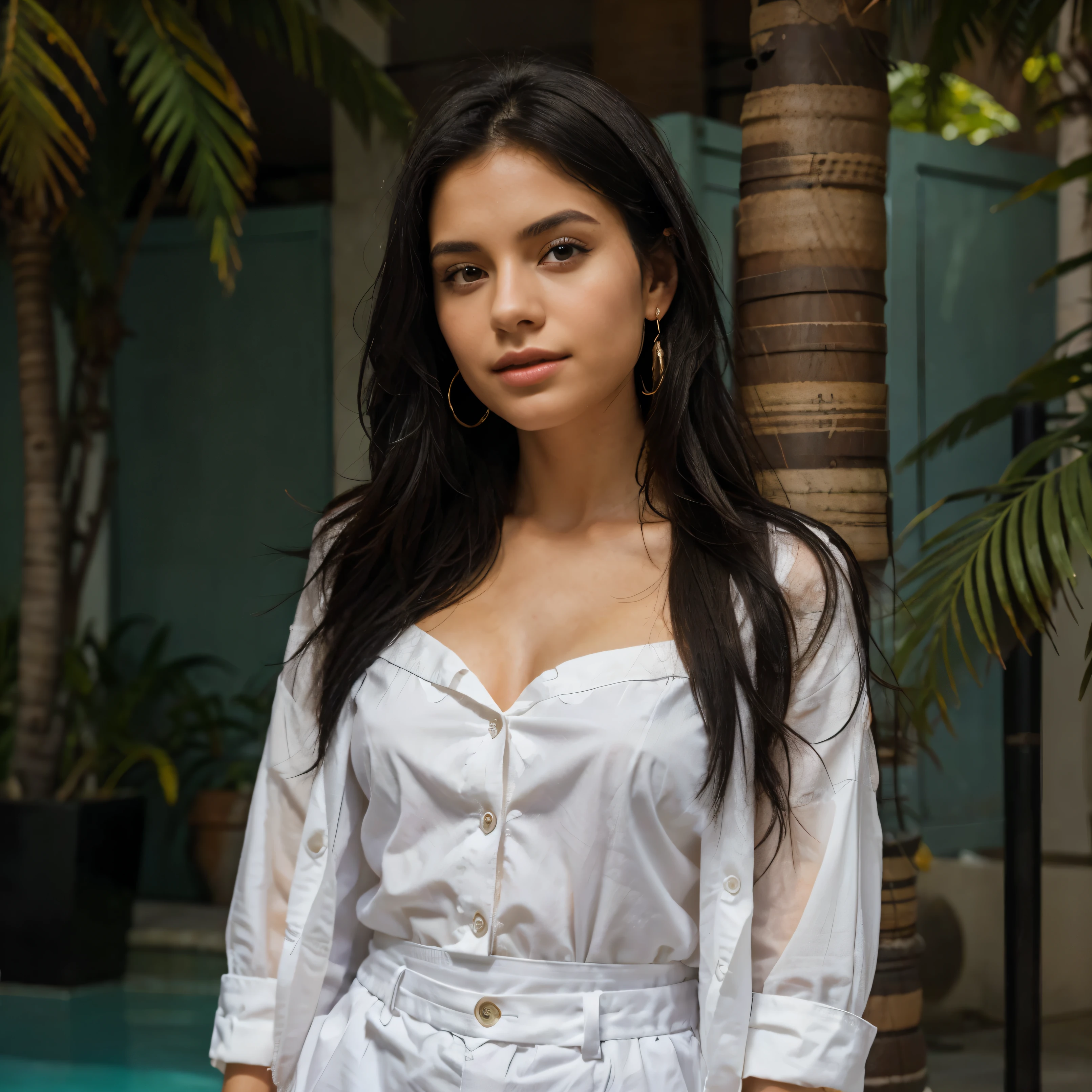Describe a digital influencer in a professional, full-length, highly realistic photo. She is a young woman with medium, straight black hair, elegantly styled.in several different environments, for example beach, restaurants, swimming pool, travel