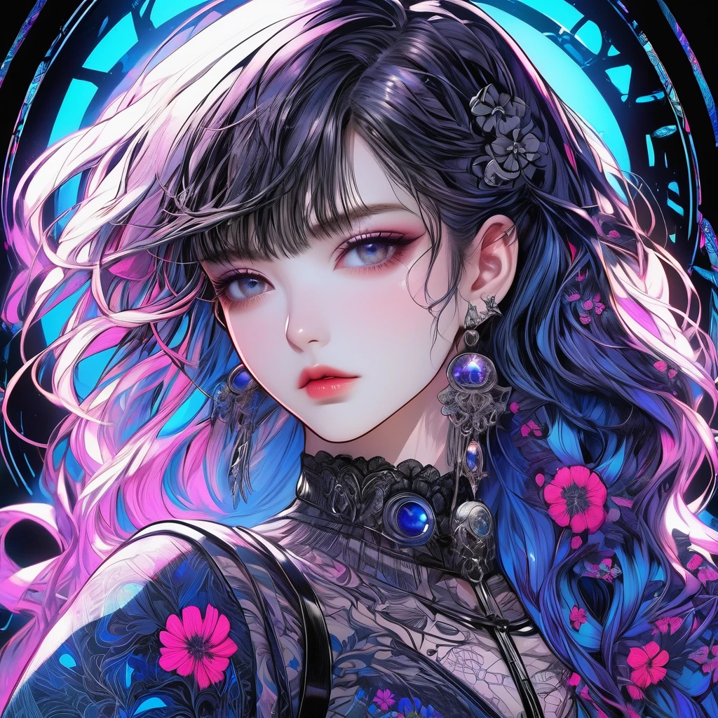 {Lowest Quality, Low Quality)}, ((closeup)), A stunning anime girl with an intricate floral tattoo on her neck, exuding elegance and beauty.,in the style of neon realism, dark pink and light black, gothic art nouveau, anime-inspired character designs, dark white and indigo, bold yet graceful, cyberpunk manga, detailed costumes, Best Quality, Super Detailed,