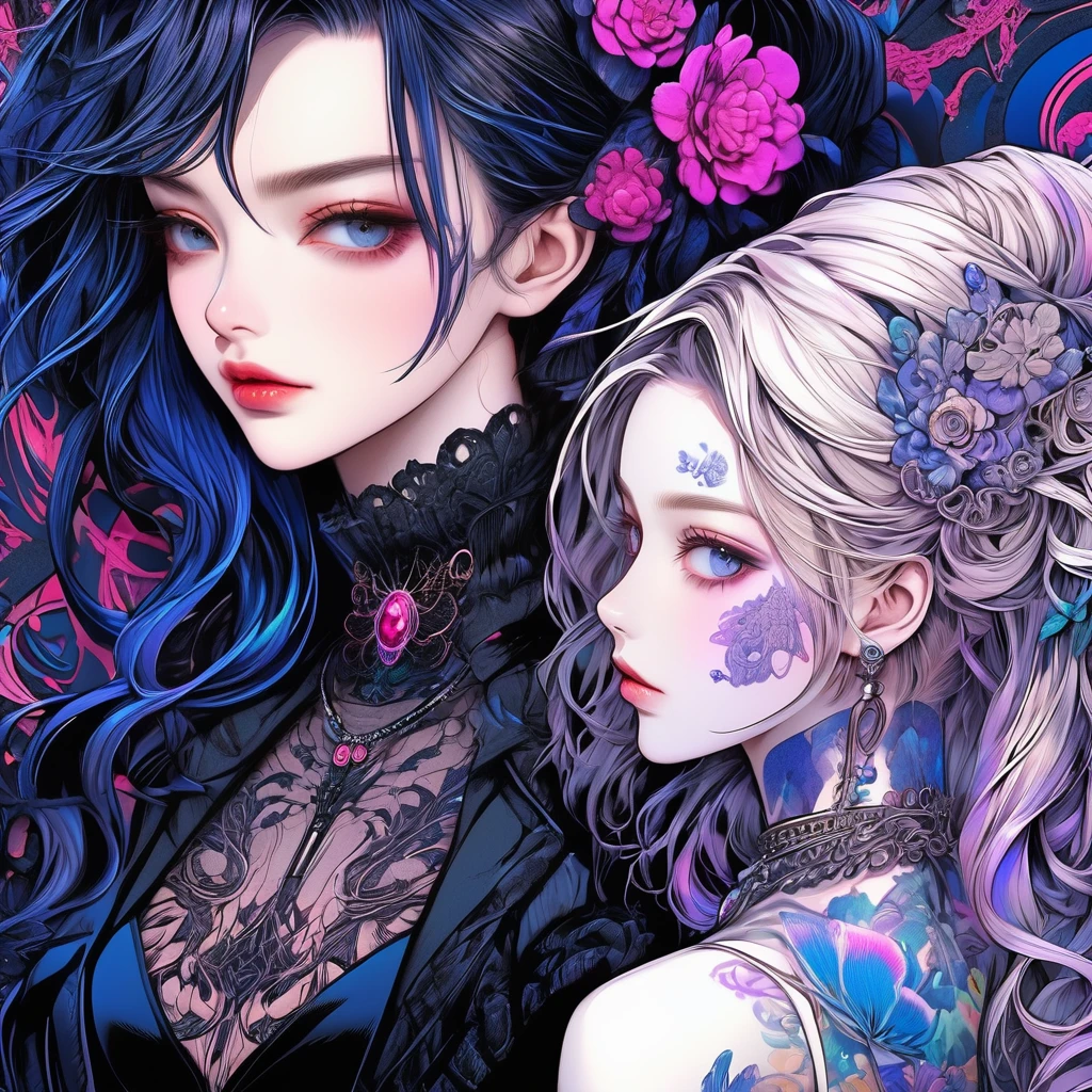 {Lowest Quality, Low Quality)}, ((closeup)), A stunning anime girl with an intricate floral tattoo on her neck, exuding elegance and beauty.,in the style of neon realism, dark pink and light black, gothic art nouveau, anime-inspired character designs, dark white and indigo, bold yet graceful, cyberpunk manga, detailed costumes, Best Quality, Super Detailed,