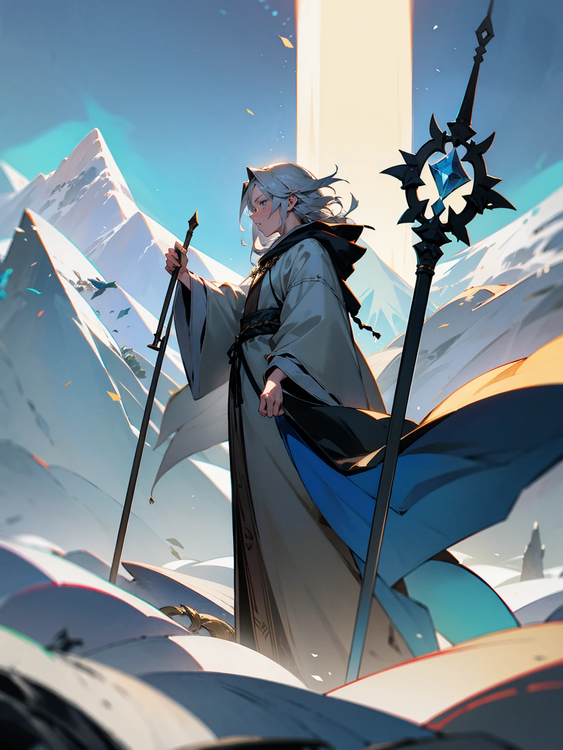 male, grey hair, long and wild, druid robes, magical staff, mountains