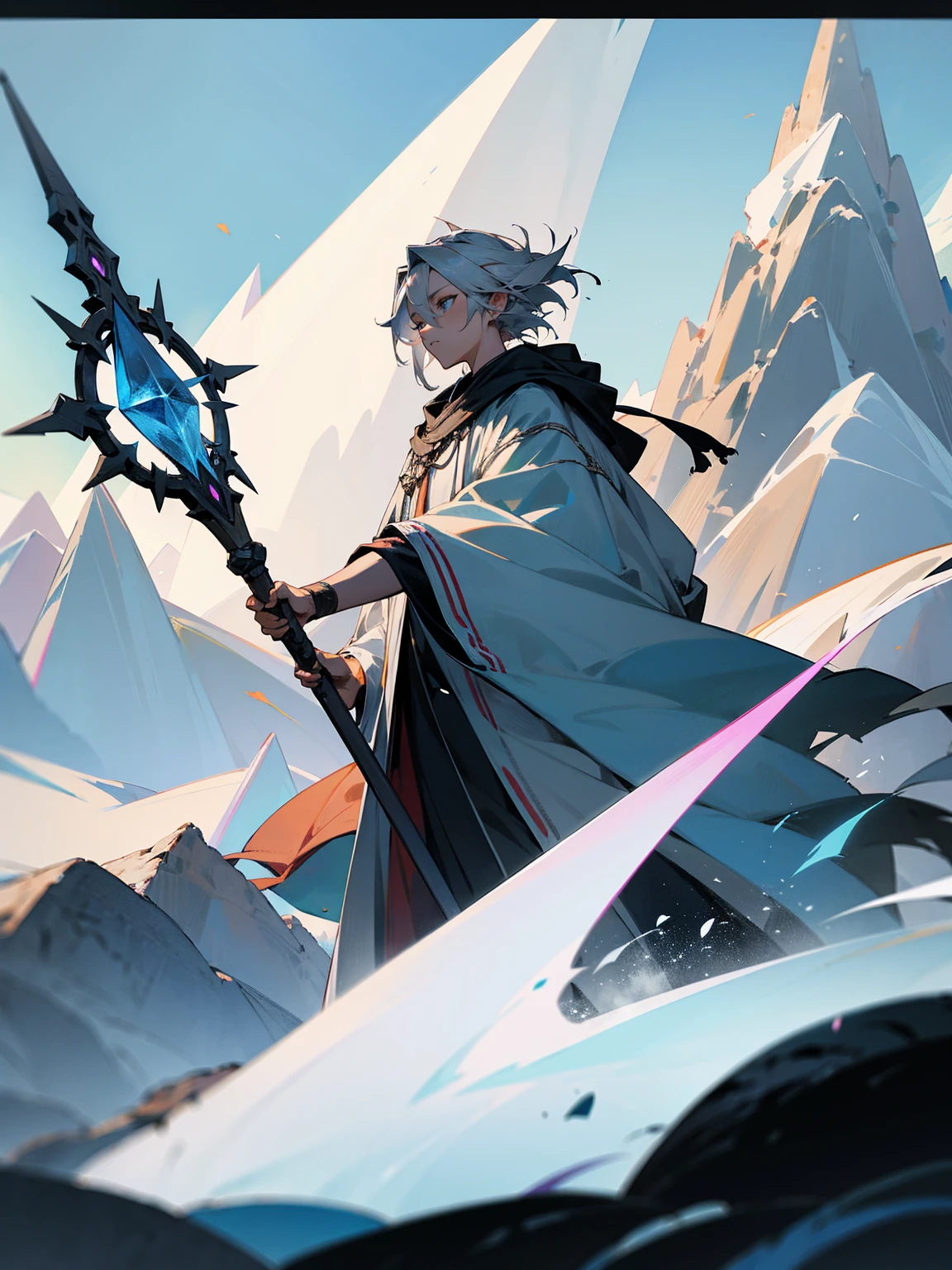 male, grey hair, long and wild, druid robes, magical staff, mountains