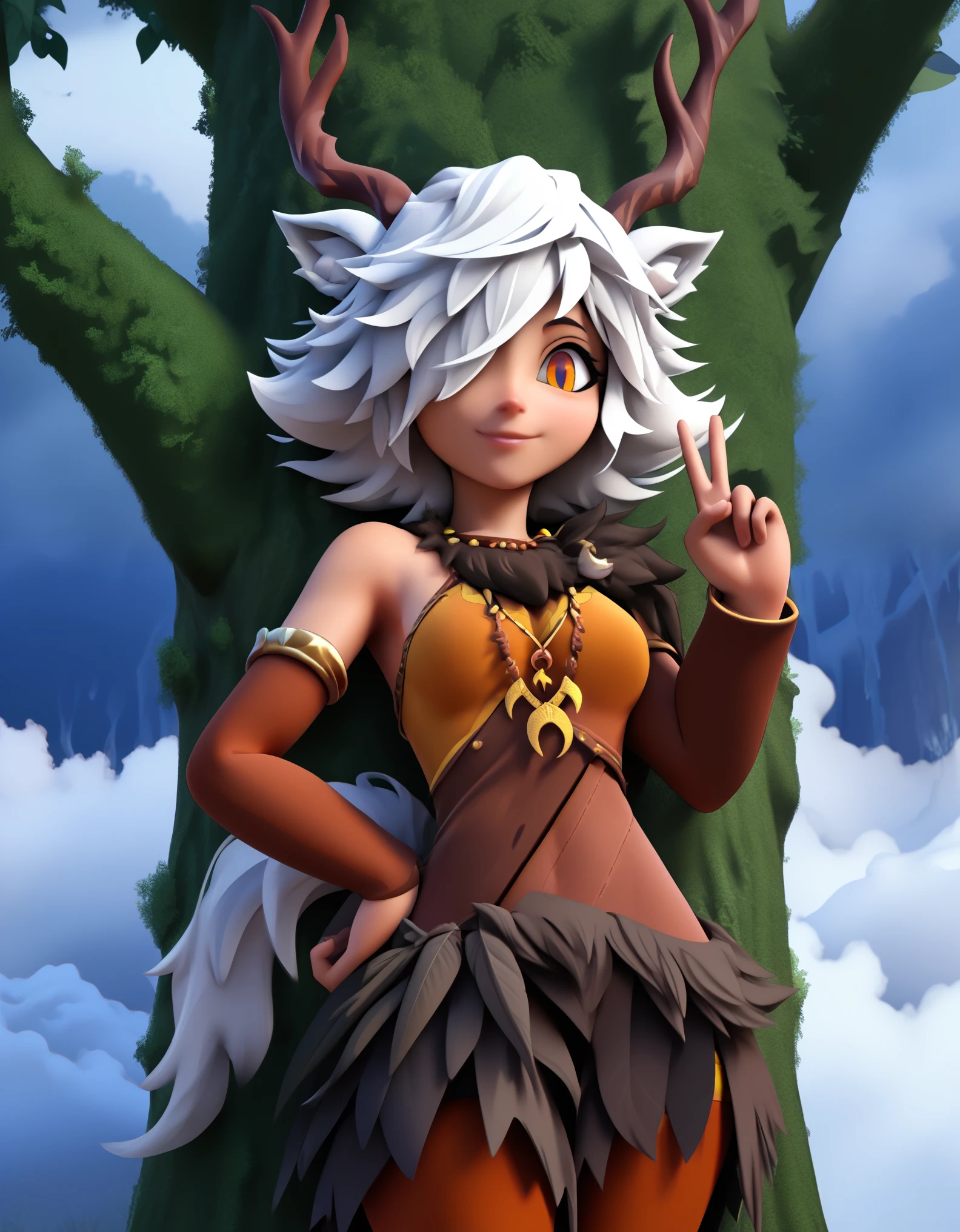 1girl,solo,deer girl,antlers,white hair,animal ears,tail,hair over one eye,orange eyes,slit pupils,crescent moon necklace,fur capelet,brown shirt,yellow bikini top,fur skirt,brown legwear,detached sleeves,
forest,outdoors,bare tree,fog,
looking at viewer,smile,hand up,v,hand on own hip,standing,back against tree,, score_9, score_8_up, score_7_up, perfect anatomy, source_anime, zPDXL2,