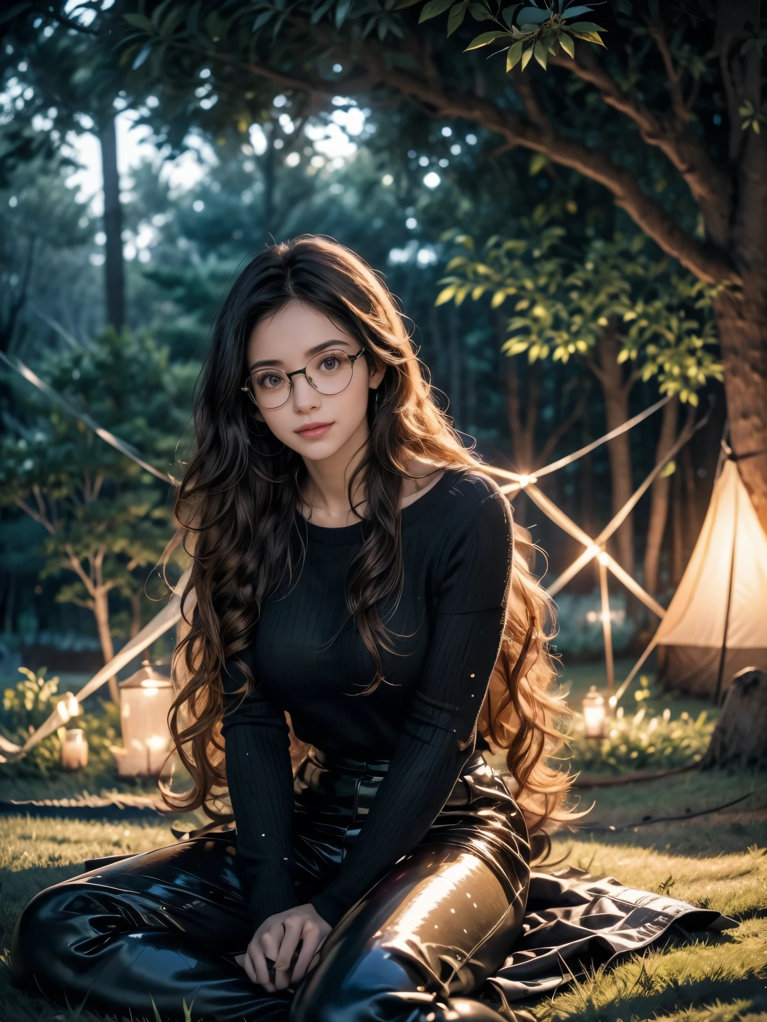 Young man sits on the grass reading a book, long curly black hair, wearing glasses, delicate smile, shiny brown eyes, Looking at the sky, lamp light, all-body, under a huge tree, more distant view, A tent in the background, starry sky, illuminated night, photo effect, 8k, super verbose, hyperrealisti.