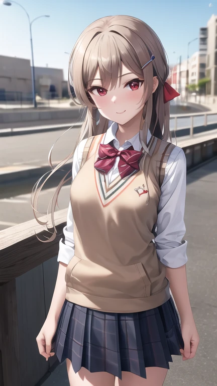 masterpiece, best quality, highres, fel1, hairclip, white shirt, red bow, , collared shirt, sweater vest, red bowtie, outdoors, standing, cowboy shot,