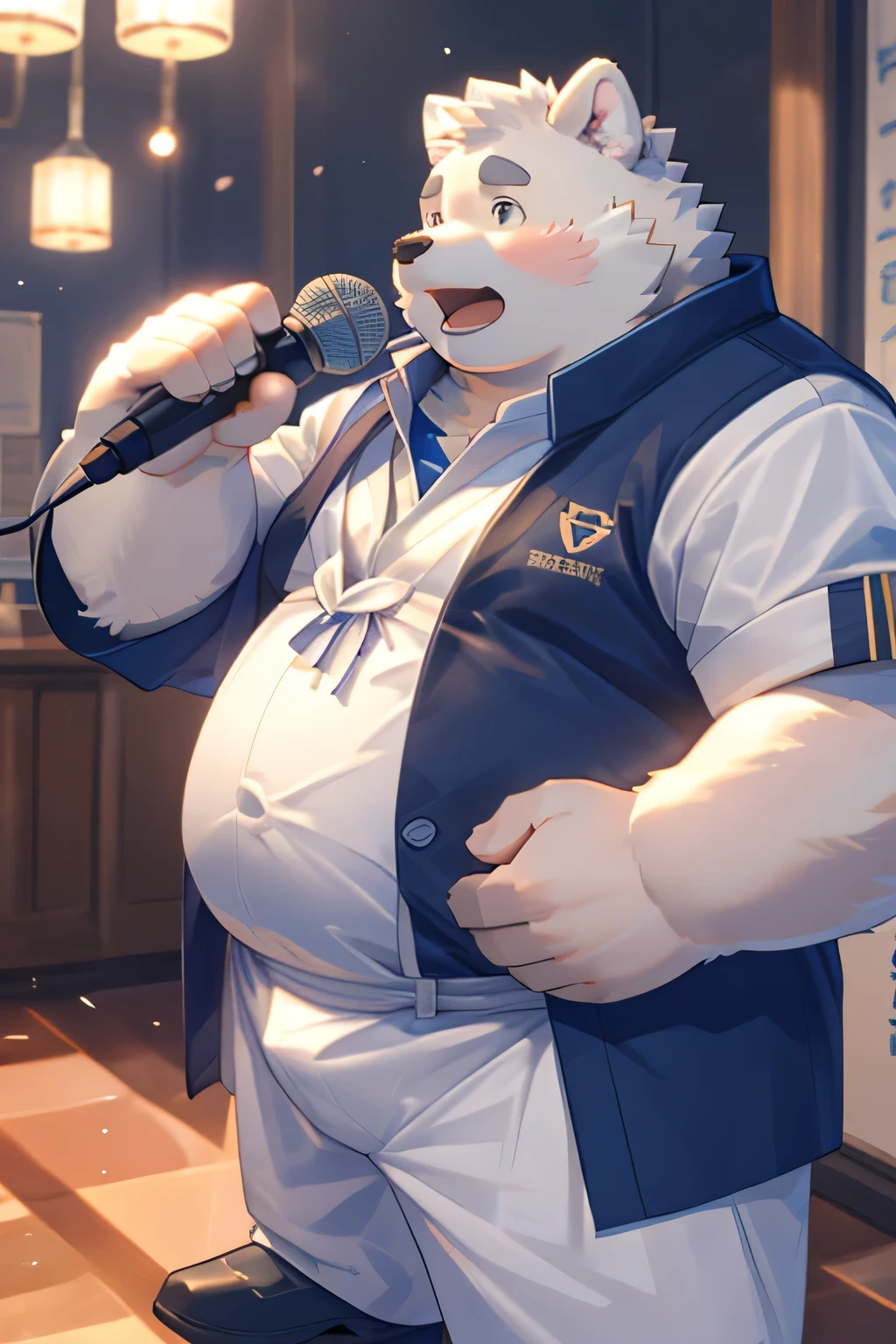 Cute little fat white bear，Wearing a sailor suit，overweight，cute，Holding a microphone，Singing，high quality，high-definition，masterpiece，in the classroom，full-body shot，Protruding crotch（1:3），Exquisite facial features（1:2），Perfect hands（1:2），