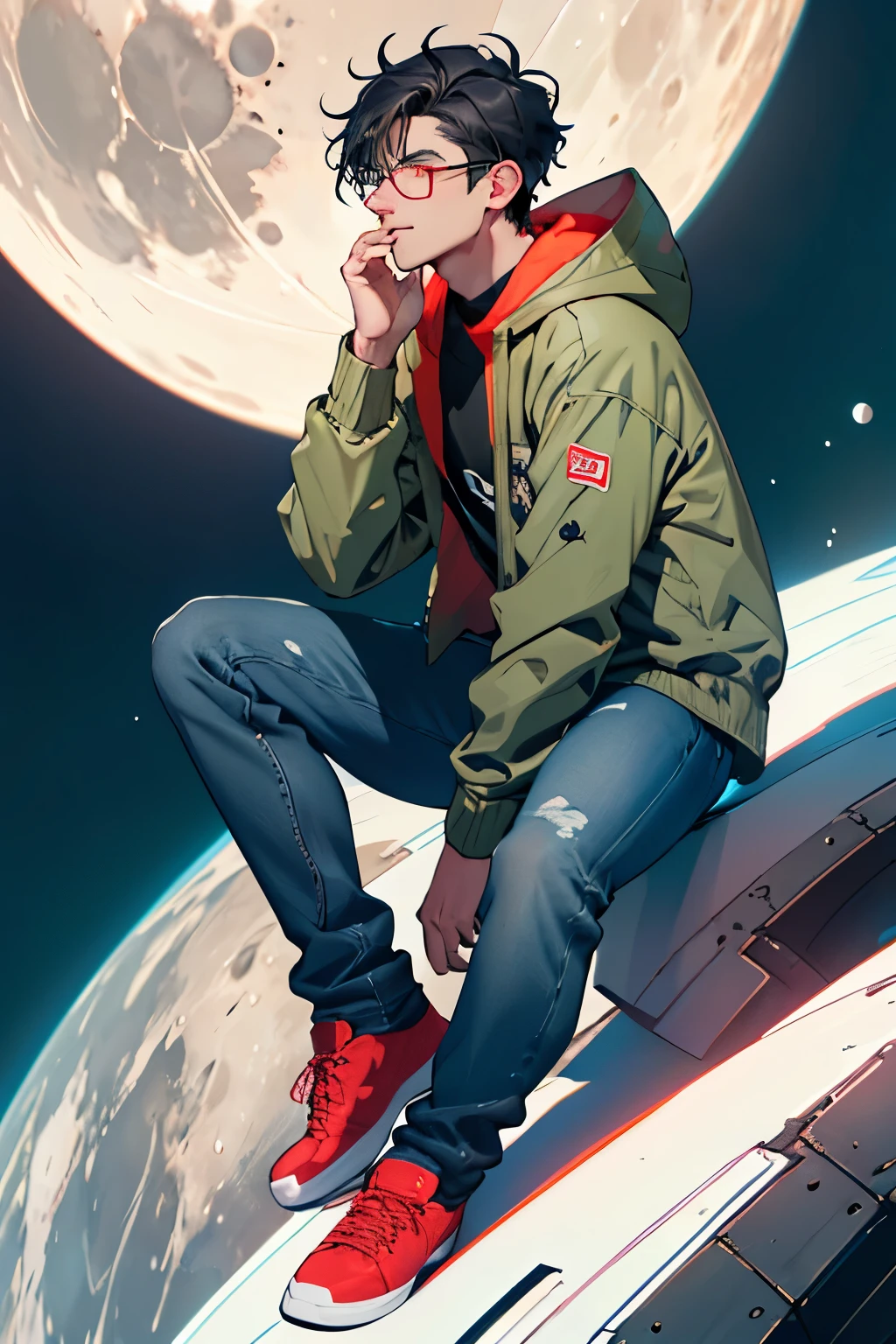 Man in his 20s, sitting in a pensive position, red and black bicolor frame glasses, olive skin, slim build, wearing a dark blue geek style hooded jacket and black STRAIGHT jeans, short black hair, turned up nose, drooping eyes, is sitting on the moon, and in the distant background is the planet Earth.
