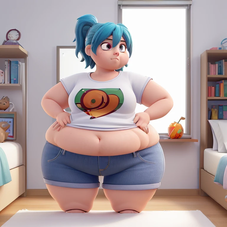 The image you provided appears to be an anime style digital illustration. Presenta un personaje con el pelo rubio corto con tonos amarillos en las puntas. El personaje lleva una camiseta blanca holgada que se desliza por uno de los hombros, revelando una correa negra, posiblemente de una prenda interior. Besides, The character is wearing very short jean shorts that are frayed at the edges, A broad and fat body, (her figure with an apple-shaped silhouette), with a big belly, wide hips, SSBBW .
The character has a somewhat contemplative or neutral expression and is looking down with eyes not visible, giving a feeling of anonymity or introspection. El fondo sugiere un entorno interior con un vistazo a un monitor de computadora, a bed with white sheets and a shelf, creating an atmosphere of personal space.
The illustration is quite detailed, with attention to lighting and shadows, especialmente notable en los pliegues de la ropa y la luz ambiental que entra por la ventana. El tono general de la imagen es sereno, with a warm color palette that suggests a calm environment, posiblemente matutino.