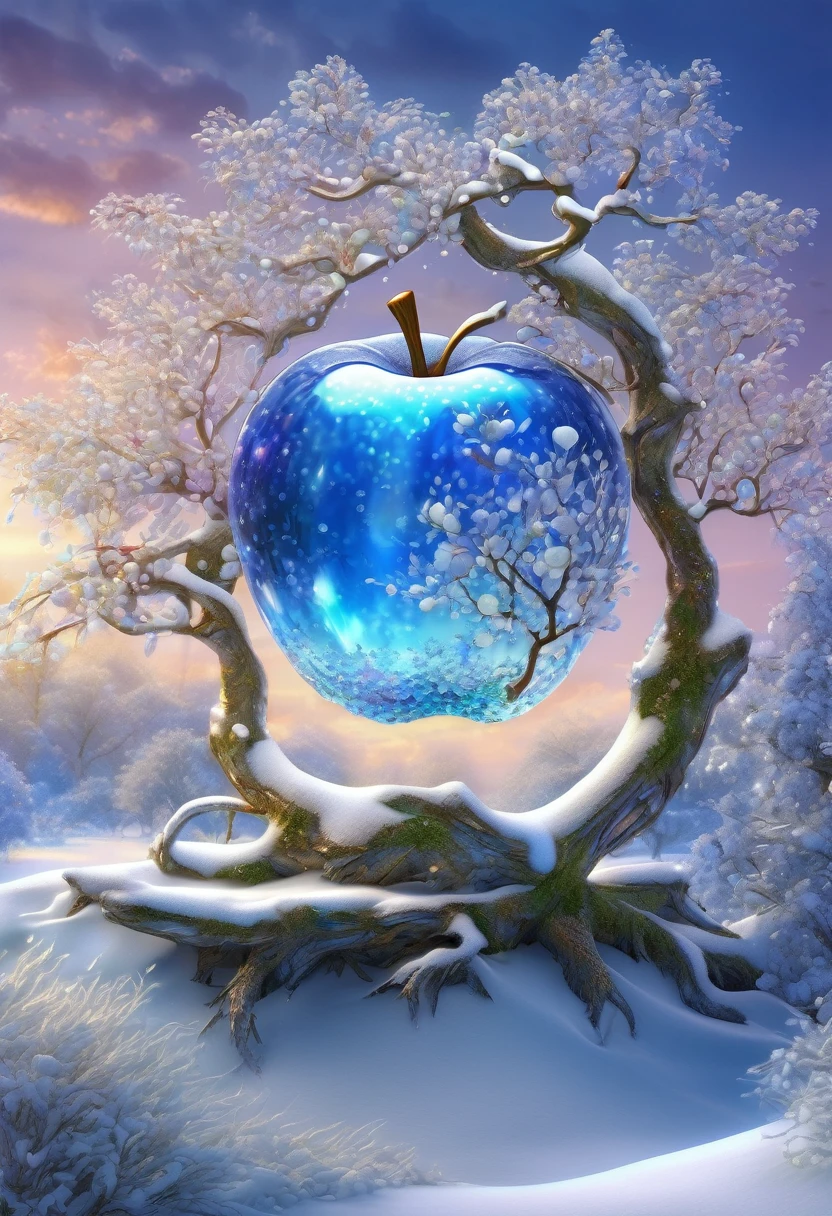 in the style of Josephine Wall, Magical realism, photorealistic 3D rendering | A bright mother-of-pearl - delicate ultramarine apple filled with clear crystal water, delicate droplets and a miniature tree in the snow | birds on the branches | Enchanted garden | Cinematic wide frame | Soft, luminous lighting, detailed, realistic, beautiful