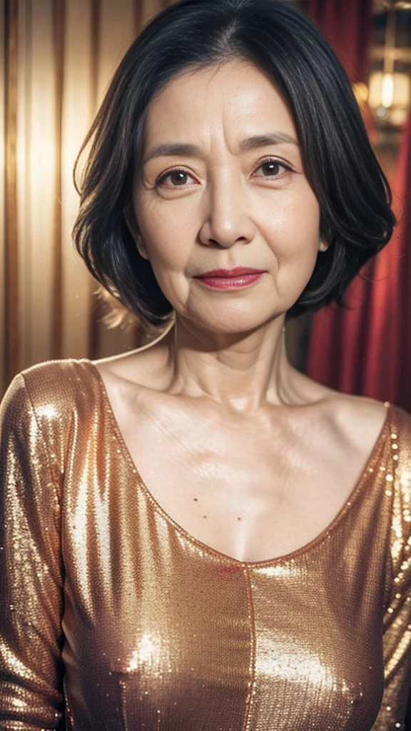 Masterpiece, ((Great focus)), 32K, Beautiful finish, ID photo, Beautiful mature woman, 70-year-old woman, Face close-up, Sharp Eyes, Trimmed hairstyle, Long face, (Thin and high nose), Red lips, Thin lips, Golden sequin dress, Light from the front,