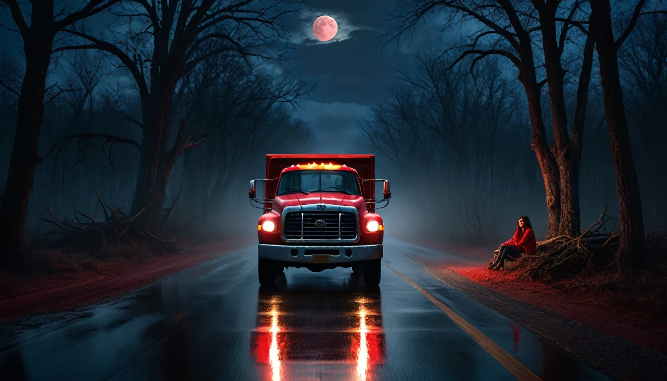 004: Create a hyper-realistic image of a red truck stopped on a deserted road at midnight. The moonlight filters through thick clouds, casting an eerie glow. The woman is sitting in the truck, looking at the rearview mirror with a horrified expression as a shadowy figure looms behind the vehicle. The road is lined with dead trees, and the air seems thick with an unnatural fog. The image should be in a 16:9 format, with dark tones and soft highlights enhancing the fearsome atmosphere.