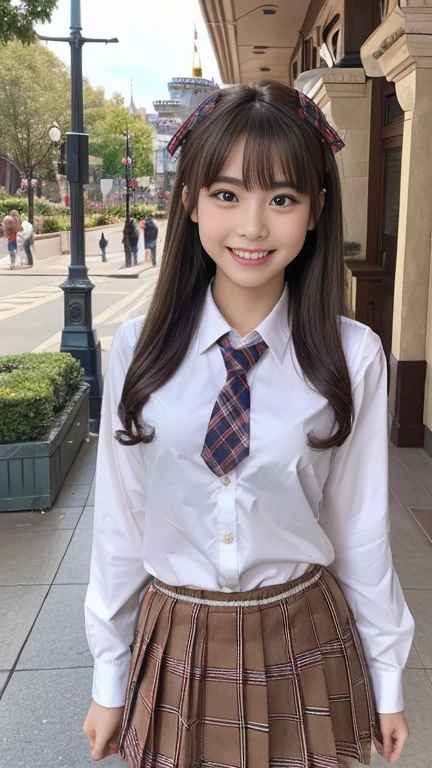 a closeup, masterpiece, top-quality, FULL ANATOMY、Raw foto, Photorealsitic、(Cute little face:1.7)、(Very cute smile:1.7)、(with round face:1.9)、(She looks like an idol and is cute:1.7), (A dark-haired)、(cute school uniform:1.7), depth of fields, hight resolution, ultra-detailliert, finely detail, ighly detailed, extremely detailed eye and face, Realistic pupils, foco nítido, Cinematic lighting、18-year-old woman、(One lady、Only one person、独奏、without background:1.8)、 (poneyTail、curlyhair:1.4)、Very detailed 8k wallpaper、Show me your whole body、Looking at the camera、(Too short plaid pleated skirt、I can see the white panties、Plump panties、Lift the hem of the skirt with both hands、Showing her panties to the camera:1.7)、(Brown Long Boots:1.6)、Angle from below、(Thigh close-up:1.8)、(Nice figure、big breasts thin waist)、(Clothes with emphasized chest bulge、Colossal tits:1.8)、Background depth of field