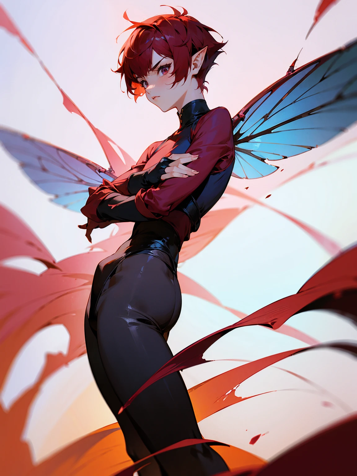 male, fairy wings, crimson hair, pixie cut, rogue outfit, fierce, standing on path