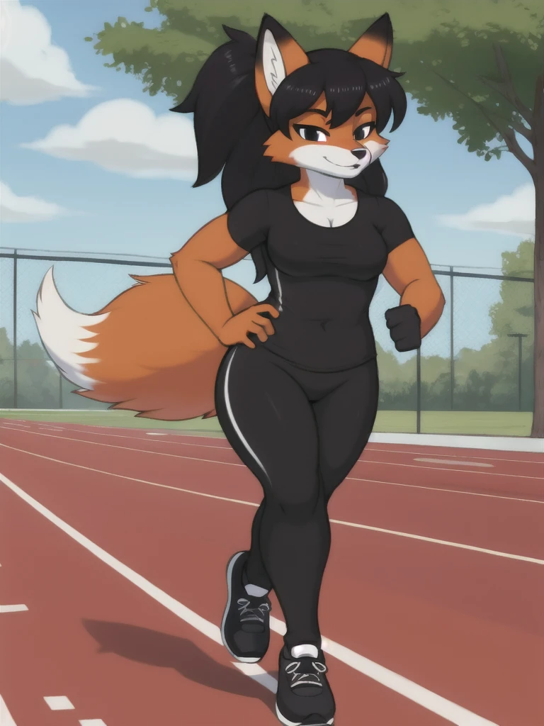 Furry, fox, female, black shirt, black leggings, shoes, running track, solo, full body