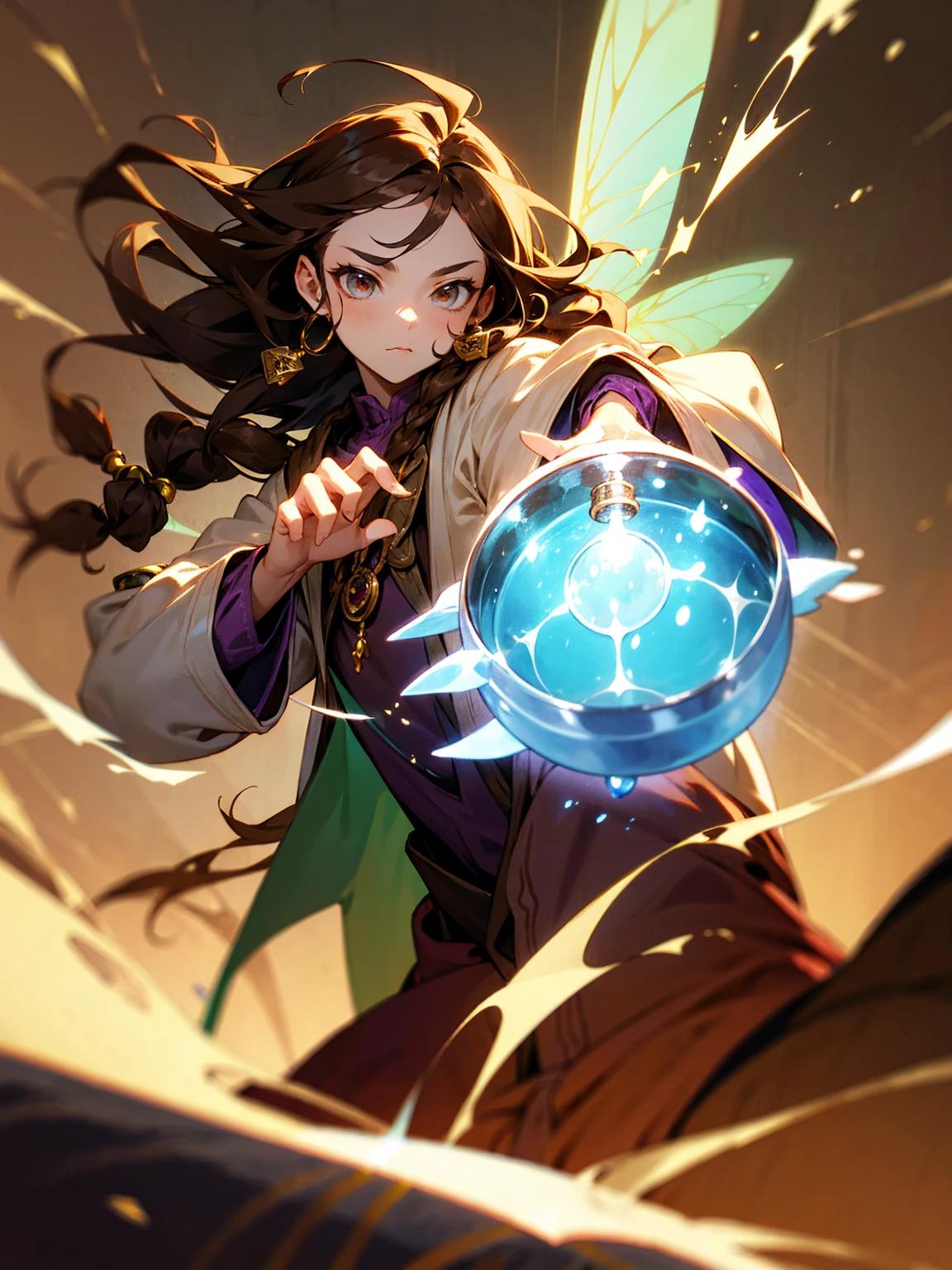 male, fairy wings, brown hair, dreadlocks, alchemist robes, potion vials