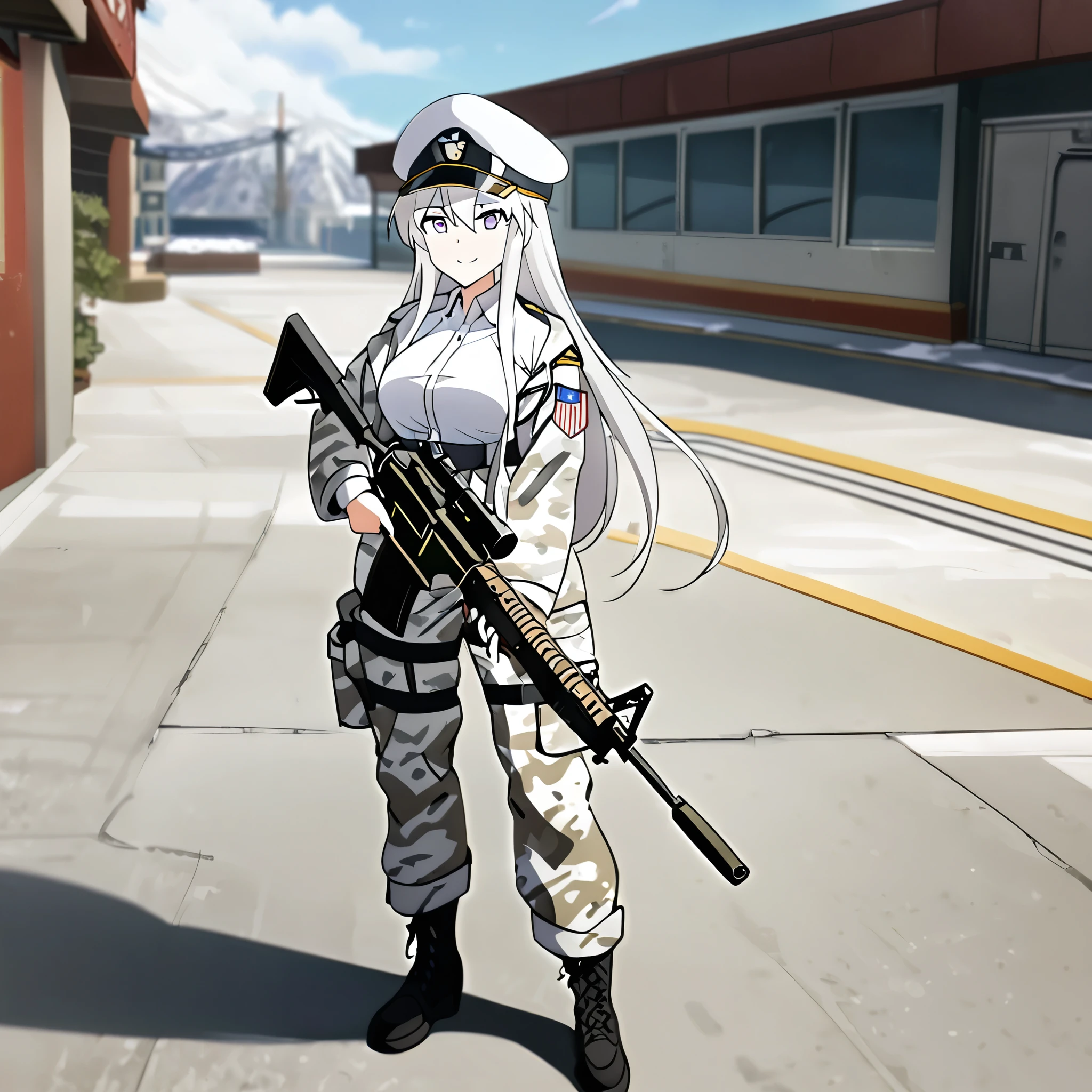 A woman wearing winter military pants, cargo pants, winter camouflage, holding an m4a1, white shirt, wearing a cap with the United States coat of arms, white hair, long hair, purple eyes, standing on a concrete sidewalk , winter place, smiling, big . Azur_lane, USS_Enterprise.