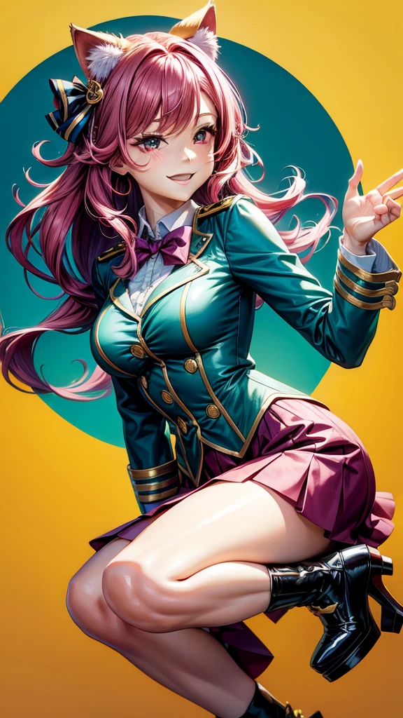 Magenta hair, hazel eyes, older woman, hair bows, cat ears, long hair, smiling face, sexy uniform outfit, teal and gold clothes,plants background