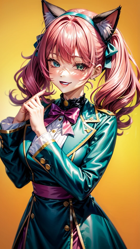 Magenta hair, hazel eyes, older woman, hair bows, cat ears, long hair, smiling face, sexy uniform outfit, teal and gold clothes,plants background
