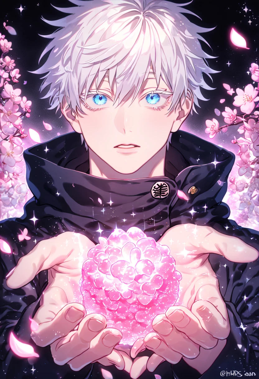 absurdres, highres, ultra detailed, HDR, master piece, best quality, extremely detailed, Gojou Satoru, white hair, expressive blue eyes, white eyelashes, Jujutsu Kaisen, solo, sexy man, handsome, black coat, magical, sparkling, pink glittering fireflies, pink ice, pink ice butterflies, pink ice petals, pink ice cherry blossoms, pink crystal, pink flowers, pink moon