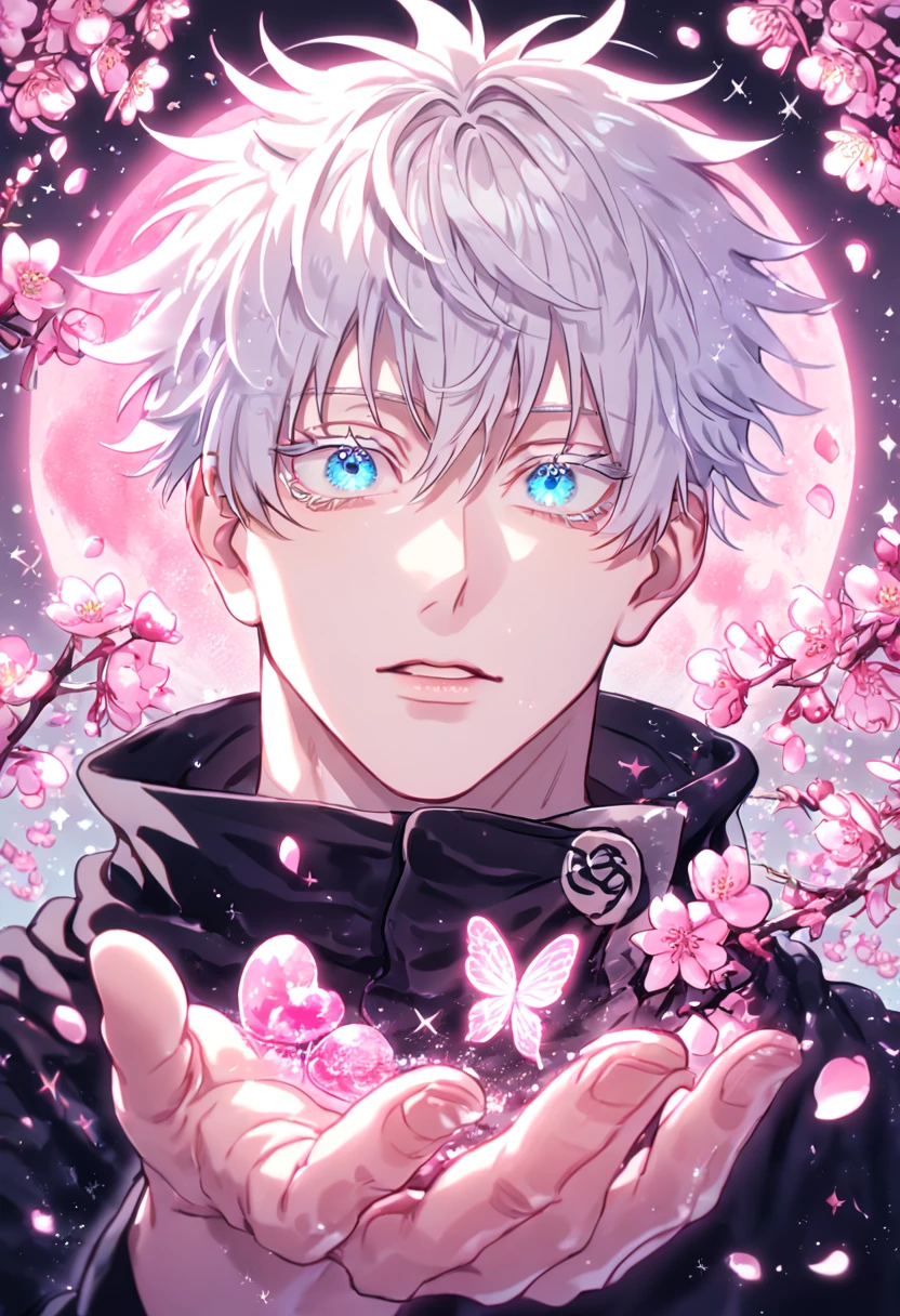 absurdres, highres, ultra detailed, HDR, master piece, best quality, extremely detailed, Gojou Satoru, white hair, expressive blue eyes, white eyelashes, Jujutsu Kaisen, solo, sexy man, handsome, black coat, magical, sparkling, pink glittering fireflies, pink ice, pink ice butterflies, pink ice petals, pink ice cherry blossoms, pink crystal, pink flowers, pink moon