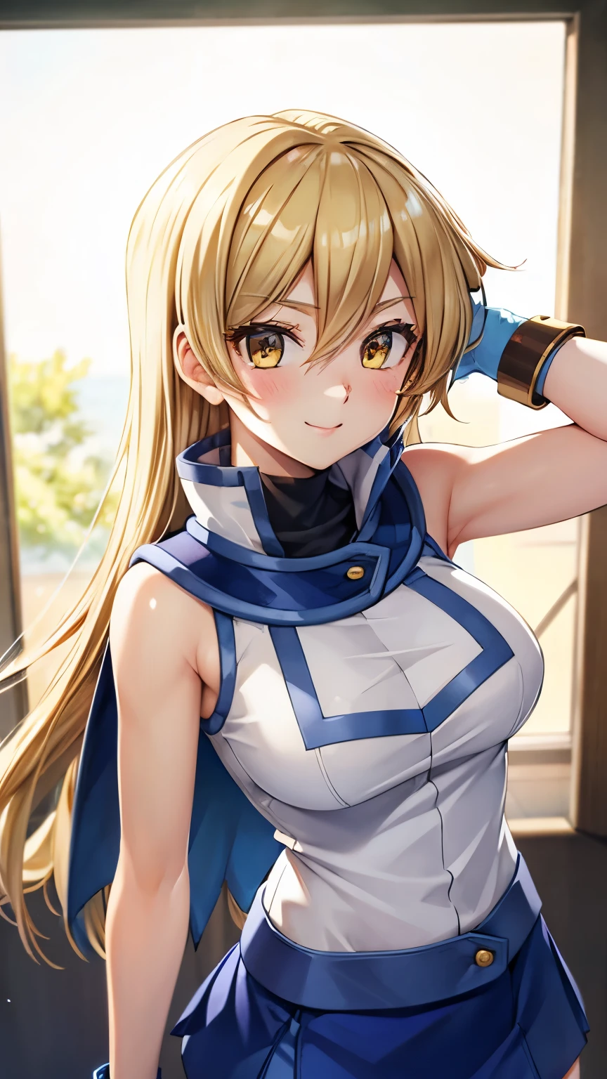 masterpiece, best quality, highres, heart hair ornament, ta1,blonde hair,long hair,yellow eyes, white jacket, sleeveless, blue skirt,tight skirt , miniskirt,fingerless gloves,smile,big tits  ,looking at viewer,top view,(standing), bracelet, Cyber city,blue neon lights,((perfect face)),perfect body, perfect , high definition,blush,((upper body))