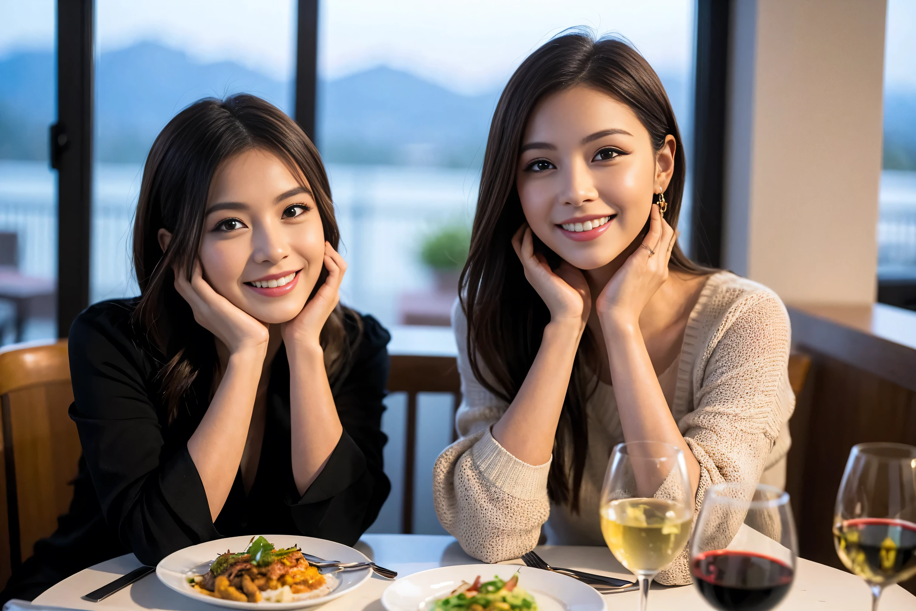 ((Highest quality、8k、masterpiece:1.3))、cute、Slim couple、Model Couple、Actress、(Realistic, Intricate details:1.2), full-course dinner、Wine 、Amazing view of the sunset sky and clouds、A bright smile、short hair,Bright Face、 (45 years old), 48 years old, 赤Wine 、Appetizers、Italian food、Wine bottle、Champagne、スパークリングWine、Two beauties、Brown Hair、Shortcuts、Long sleeve shirt、dress、Beautiful woman 1, (Slim face), (The body is slim), (Brown Hair), (Shortcuts), cheeks turn a little red,Attractive beauty、restaurant, In a prominent place (From the waist up) Nova Frog Style, actress, model, Upper Body, 白Wine, slim, Wineグラス, 中央に置かれたWineグラス, smile, (smile: 1.15), Beautiful fine grain, Depth f/2,saturation, High Contrast, Strong light and shadow,Moist Body:1.5、3D texture、Delicate eyes、Brown Hair、The hair is very shiny、