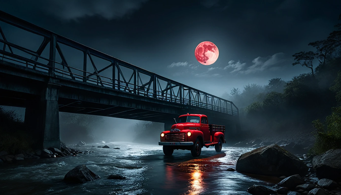 007: Create a hyper-realistic image of a red truck parked on a bridge over a dark, churning river. It's nighttime, and the only light comes from the truck's headlights and the dim moon. The woman stands on the bridge, looking down at the water, where shadowy hands seem to reach out. The bridge is old and creaky, adding to the sense of danger. The surroundings are enveloped in fog, creating an atmosphere of dread. The image should be in a 16:9 format, with intense shadows and highlights to enhance the terrifying scene.