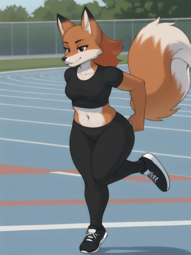 Furry, fox, female, black shirt, black leggings, shoes, running track, solo, full body