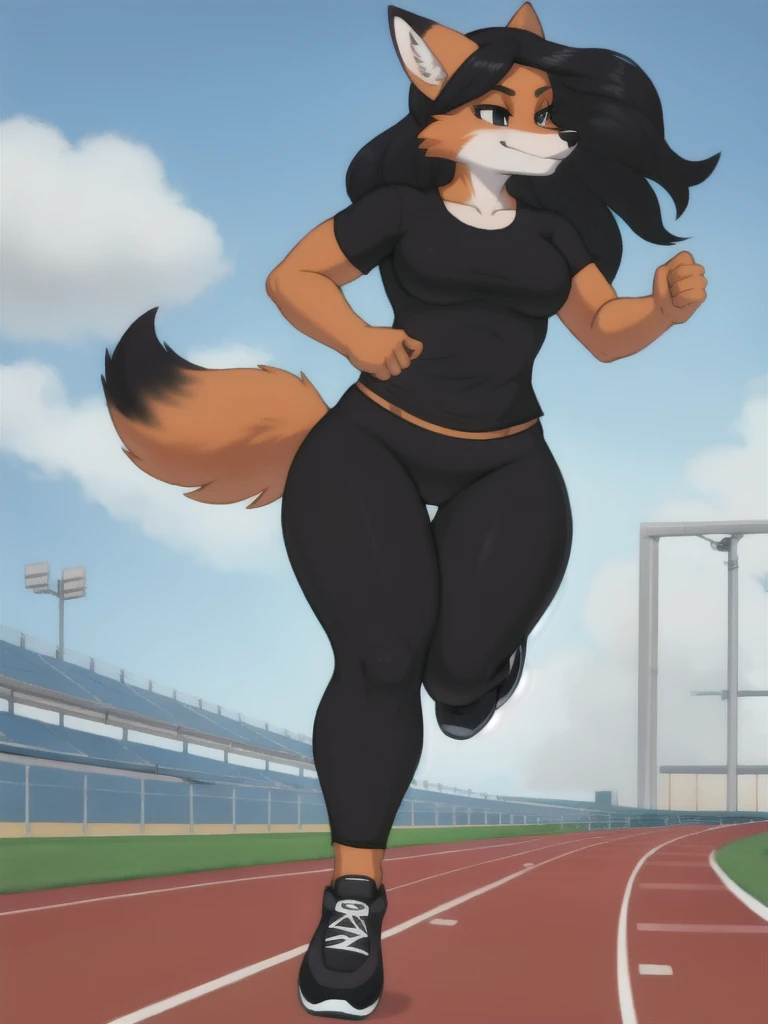 Furry, fox, female, black shirt, black leggings, shoes, running track, solo, full body