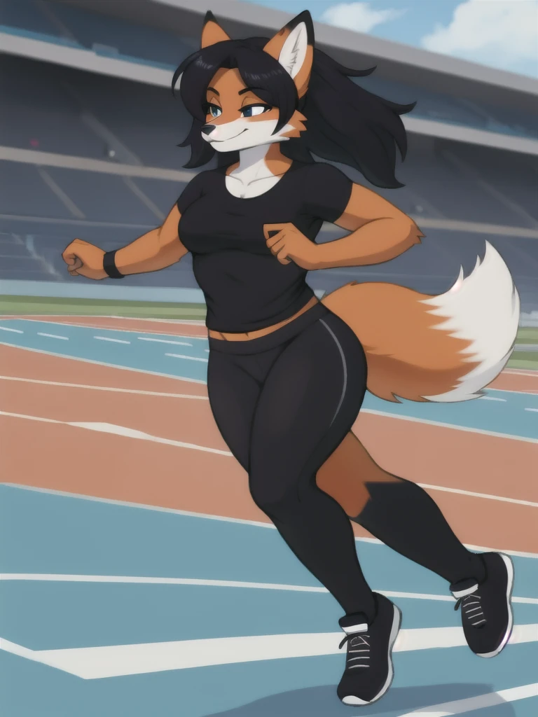 Furry, fox, female, black shirt, black leggings, shoes, running track, solo, full body