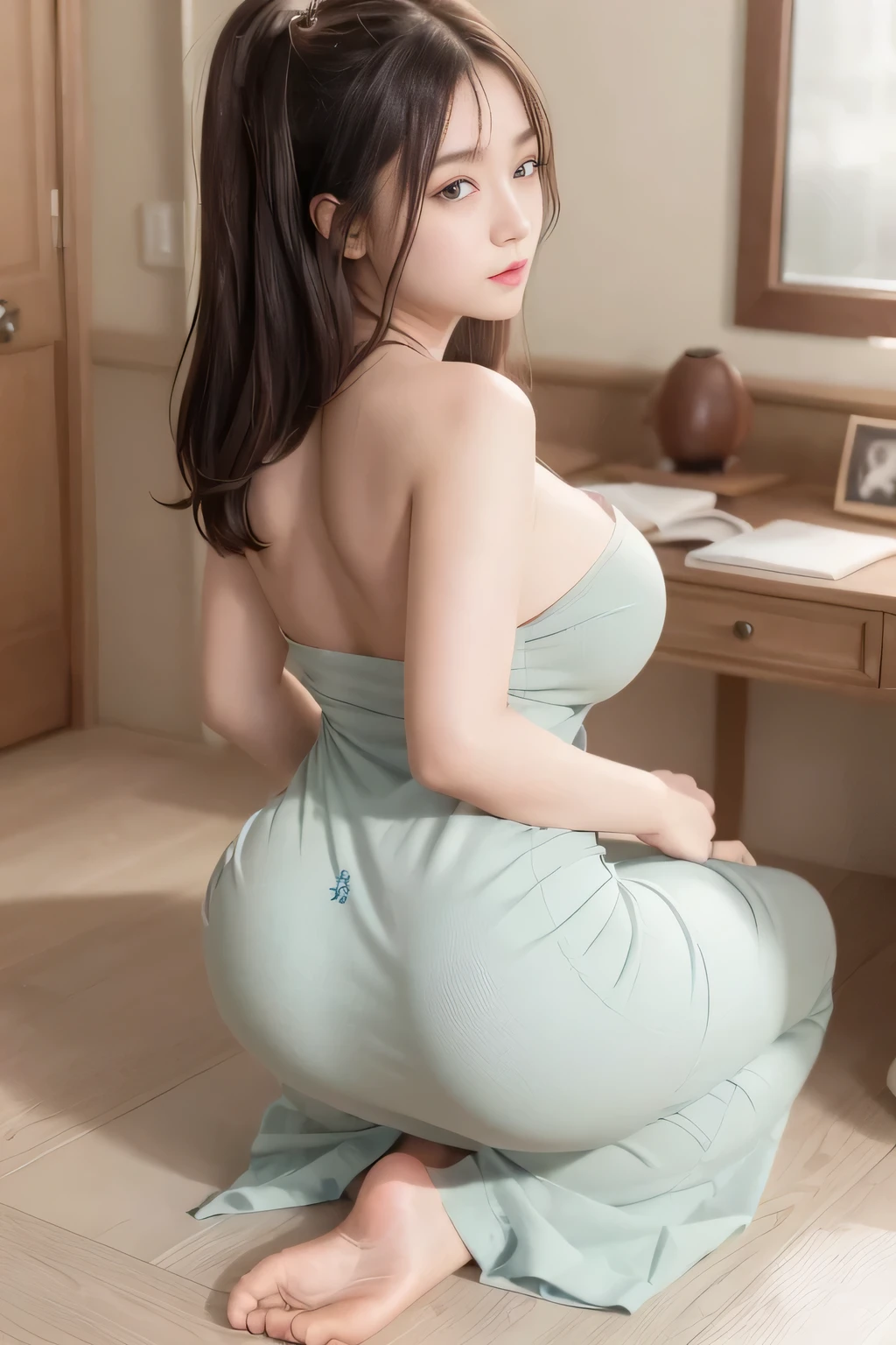 RAW, Best quality, high resolution, work: 1.3), Beautiful Japan girl, Stunning japan girl,Highly detailed CG Unity 8k wallpaper, top quality, super detailed, masterpiece, realistic, photorealistic, highly detailed cute girl, 17 years old, fit girl, library detailed,sweaty skin, blush, parted lips, round eyes, small (saggy) breasts, bun_head , ((erect, emerge, streak)), waist shot, (( thick thigh, protruding buttock)), grey pleated maxi dress (the contour of the buttocks clearly visible ), cute face detailed, seductive, (Kneeling (raise your buttocks and hands down to touch the floor)), spread your legs, underpants, cameltoe, rear side view, rear view, ((flowing maxi dress)), showing buttocks (buttocks up and contour of the buttocks clearly visible)