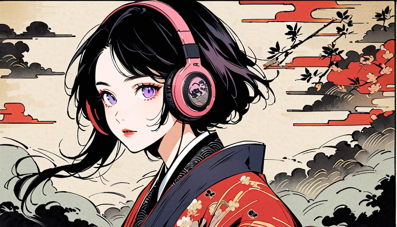 Purple Eyes, Ink Painting, 1 girl, tattoo, sunglasses, Japanese style headphones, beautiful girl, Black Hair, peace, Delicate and precise, Modern ukiyo-e style, vivid color