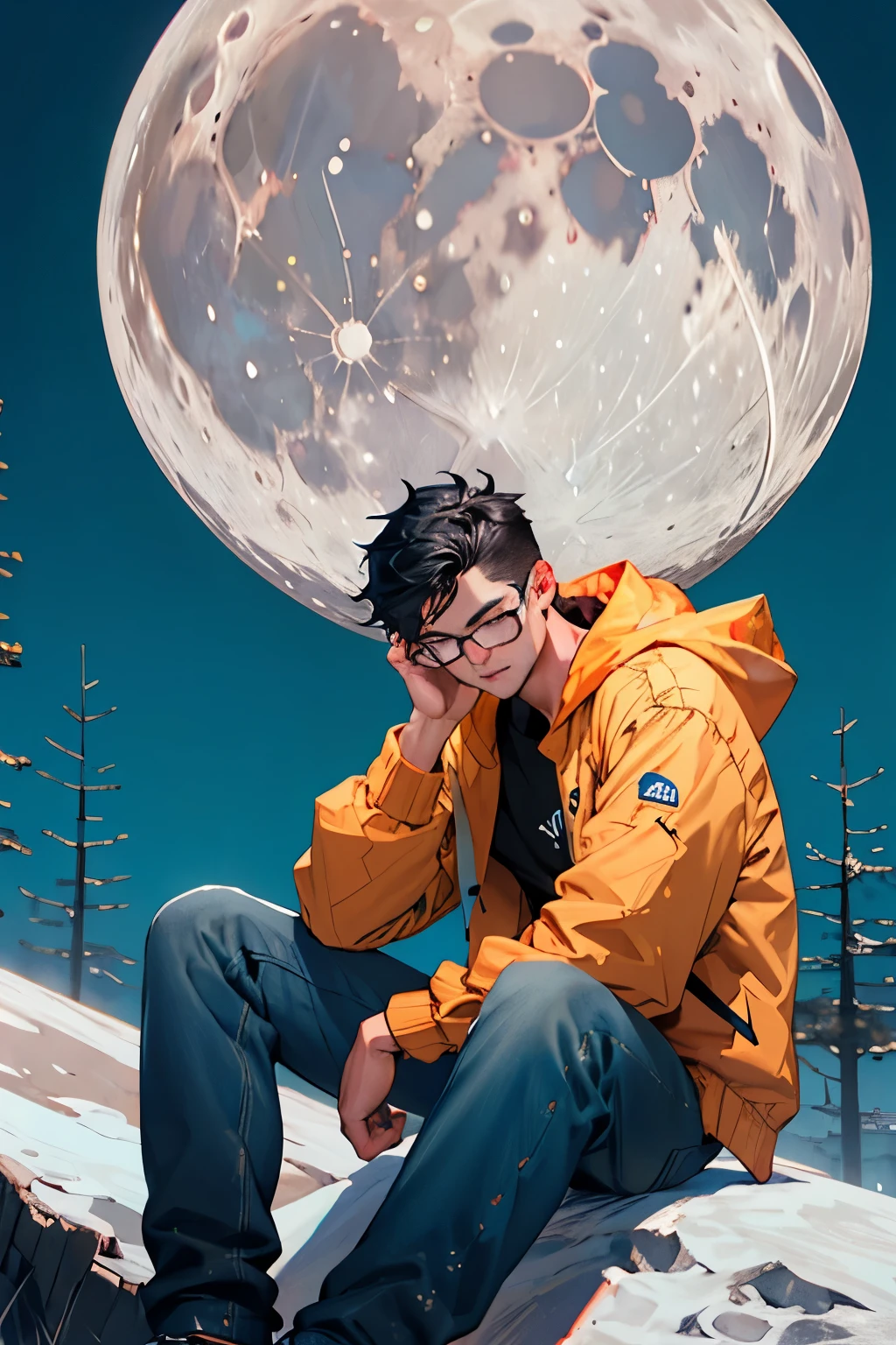 Man in his 20s, sitting in a pensive position, red and black bicolor frame glasses, olive skin, slim build, wearing a dark blue geek style hooded jacket and black STRAIGHT jeans, short black hair, turned up nose, drooping eyes, is sitting on the moon, and in the distant background is the planet Earth.