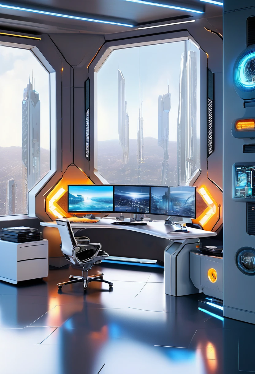 a beautiful futuristic office room, virtual company, futuristic control room, futuristic sci-fi agency with matte painting by John Harris, Sparth e Greg Rutkowski. Sharp edges, Tiffany azul, gray orange, white and gold. Science fiction room on a space base, Outside the windows a future city skyline, Efeito de Luz. ultra clear detailed, 3d, octane render 8