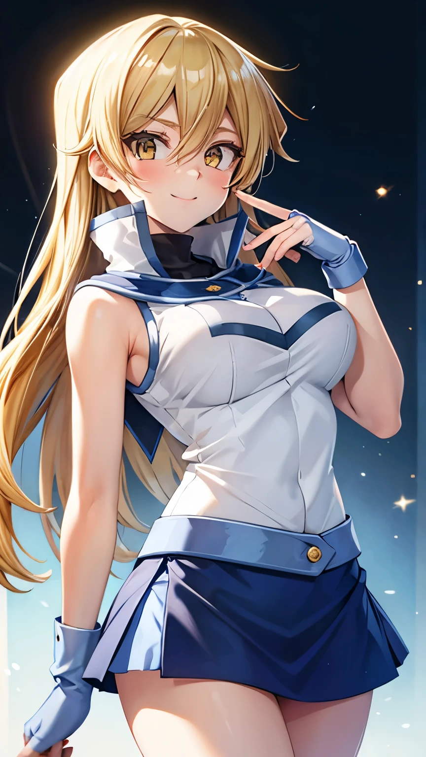 masterpiece, best quality, highres, heart hair ornament, ta1,blonde hair,long hair,yellow eyes, white jacket, sleeveless, blue skirt,tight skirt , miniskirt,fingerless gloves,smile,big tits ,looking at viewer,top view,(standing), bracelet, Cyber city,blue neon lights,((perfect face)),perfect body, perfect , high definition,blush,((upper body))