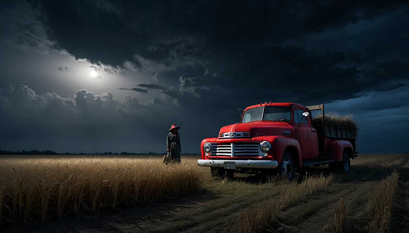 010: Create a hyper-realistic image of a red truck stopped in the middle of an empty field at night. The truck's headlights illuminate an old, scarecrow-like figure standing in the distance. The woman is outside the truck, holding a flashlight and looking at the figure with fear. The field is covered in tall, withered grass, and the sky is filled with dark, swirling clouds. The scene is eerie and unsettling. The image should be in a 16:9 format, with shadows and highlights creating a tense and creepy mood.