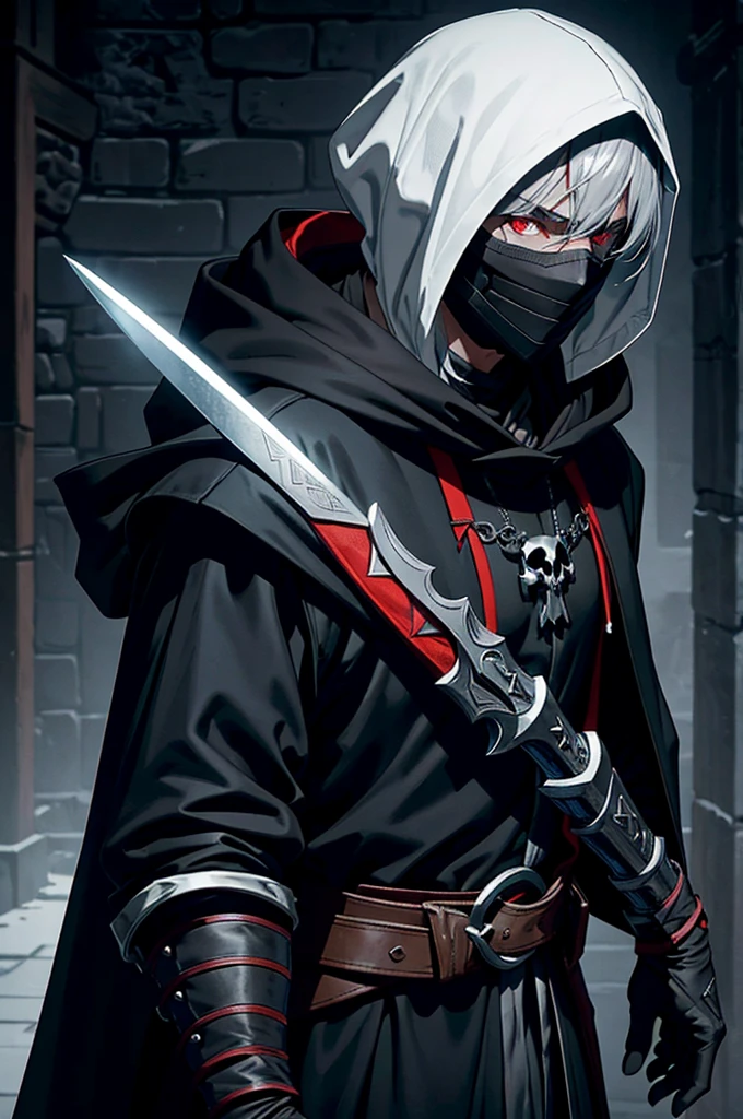 An assassin, male, fantasy character, physically strong, wearing a skull mask covering his face and eyes, dressed in black medieval attire, with a white hooded cloak over it, gray hair, short hair, red eyes, holding a dagger, nighttime background.