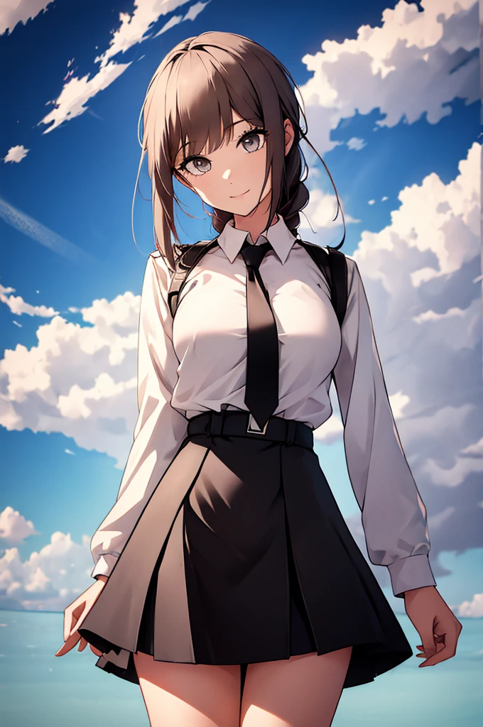 Female with black-white uniform skirt and sky background 