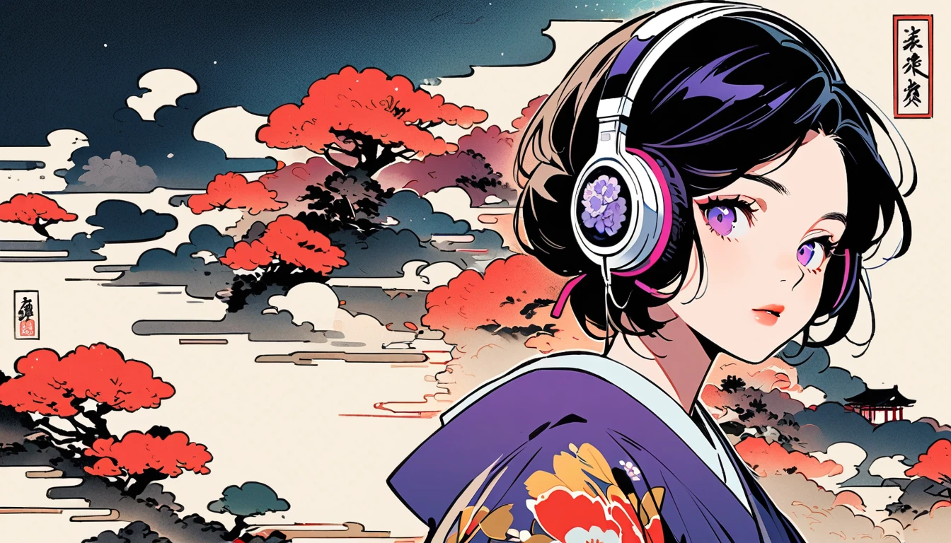 Purple Eyes, Ink Painting, 1 girl, tattoo, sunglasses, Japanese style headphones, beautiful girl, Black Hair, peace, Delicate and precise, Modern ukiyo-e style, vivid color