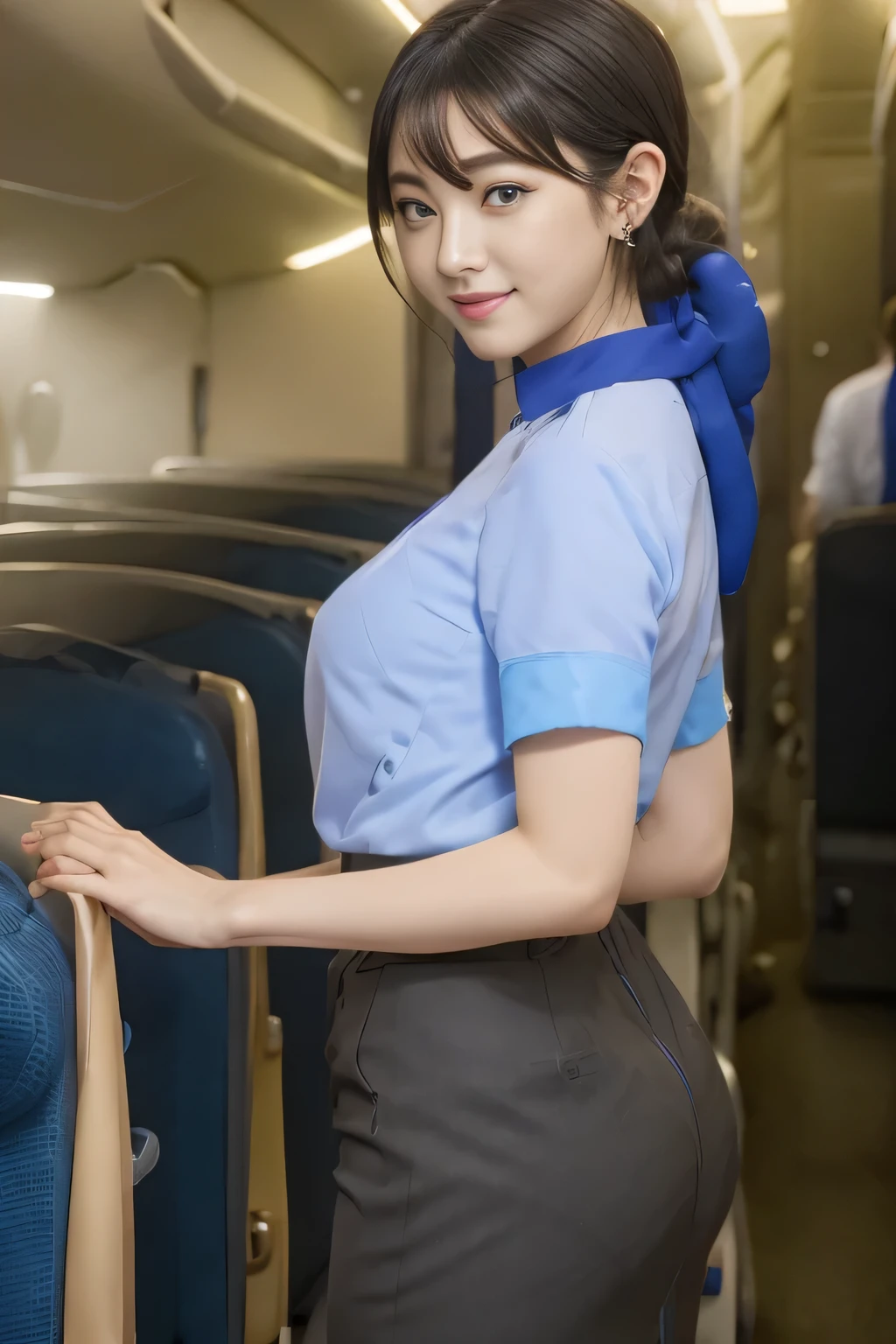 (masterpiece:1.2, Highest quality:1.2), 32k HDR, High resolution, (alone, 1 girl), （ANA cabincrew uniform blue uniform real style）, A proper woman, Beautiful Face, Brown Hair, (Long Hair、hair bun), (Light blue blouse:1.05, Skirt with blue lines on the buttocks:1.1, pantyhose),、（long hair that reaches to the feet）、Perfect slim body:1.1, Huge breasts, huge breasts cleavage, Detailed skin texture, Beautiful Eyes, (smile:1.2), necklace、Earrings、(forward leaning posture:1.5）, On the roof of a building, Rooftop in the daytime,Blue eyes、Hands fold underneath