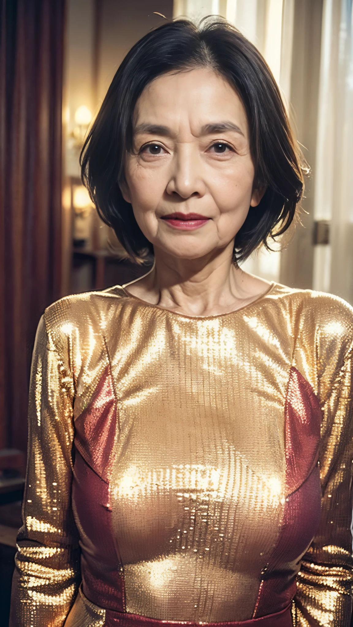 Masterpiece, ((Great focus)), 32K, Beautiful finish, ID photo, Beautiful mature woman, 70-year-old woman, Face close-up, Sharp Eyes, Trimmed hairstyle, Long face, (Thin and high nose), Red lips, Thin lips, Golden sequin dress, Light from the front,