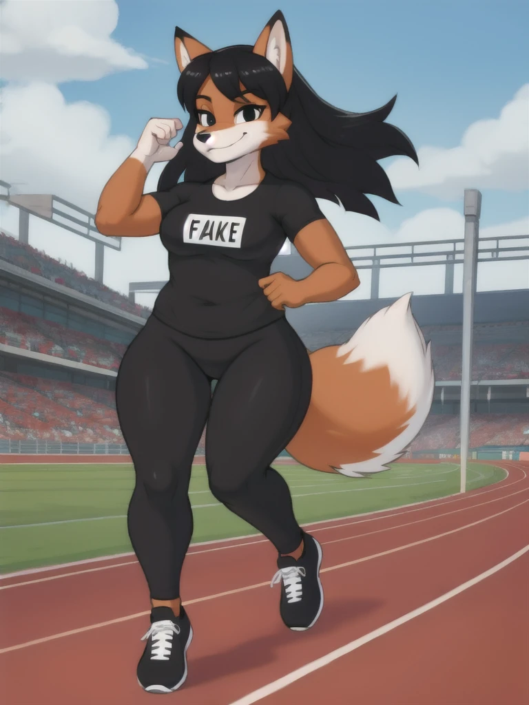 Furry, fox, female, black shirt, black leggings, shoes, running track, solo, full body